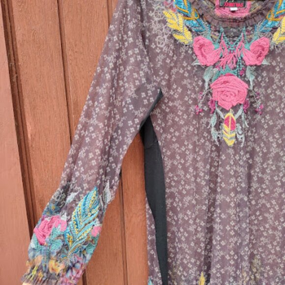 BIYA JOHNNY WAS | Sheer Mesh Floral Embroidered Balloon Sleeve Brown Dress S - Picture 8 of 16